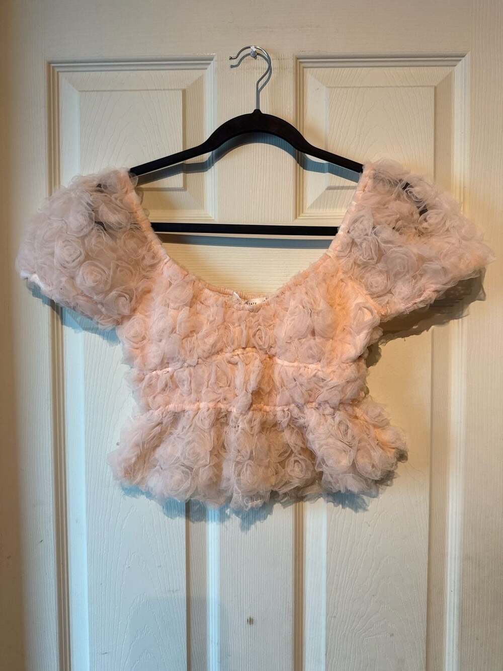 Altar'd State 3D Rosette Tulle Puff Sleeve Crop Top Size XS Pink